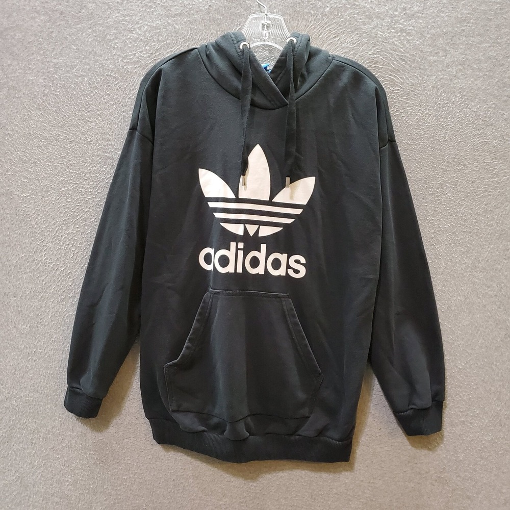 Adidas Men Sweatshirt Medium Black Hoodie Logo Big Trefoil Graphic Long Sleeve